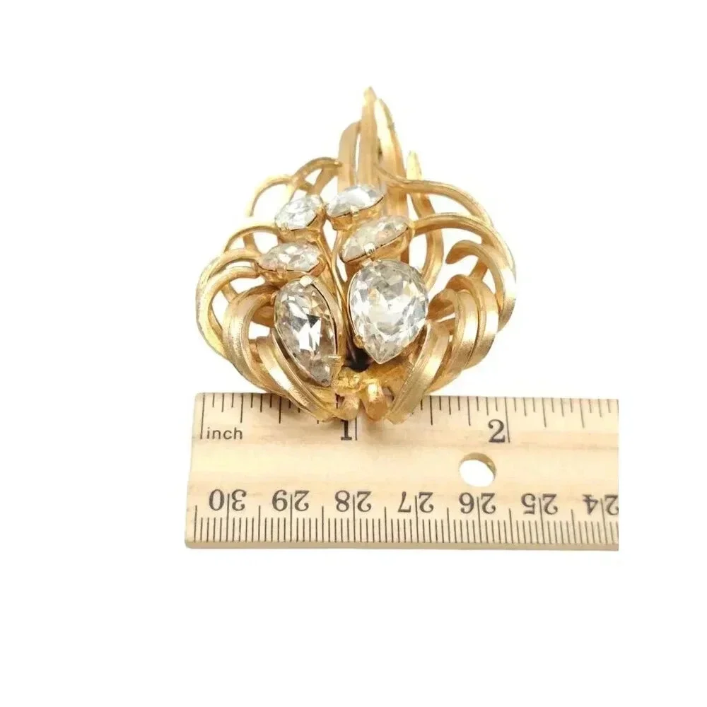 Crystal Textured Leaf Filigree Brooch Pin Gold Tone Vintage
